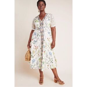 Anthropologie Donna Floral Midi Dress 1X Geisha Designs Plus White Size 16-18